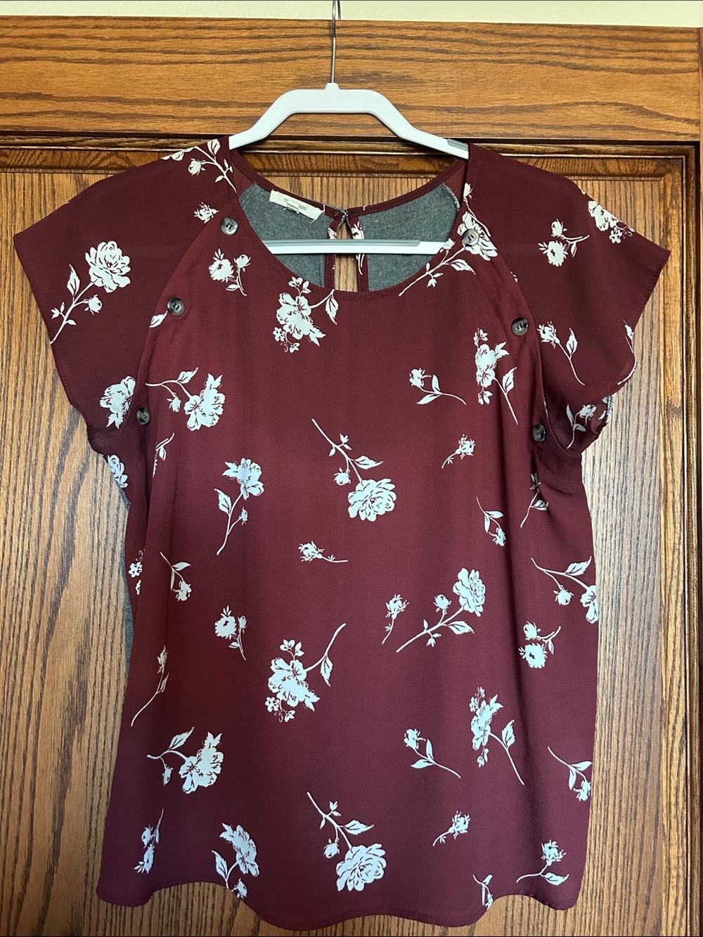 Maurices Burgundy Floral Button-Accent Blouse